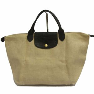 *LONGCHAMP Long Champ ru*p rear -ju handbag tote bag leather using linen Blend France made lady's 1 jpy start 