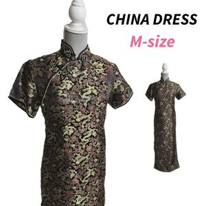  dragon Dragon & floral print * long height China dress * One-piece * short sleeves * embroidery M black base * gold Gold * red pink 68158