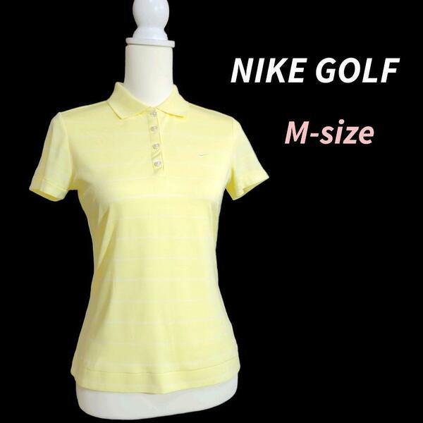 NIKE GOLF ロゴ刺繍・ボーダー柄・半袖ポロシャツ・ゴルフ M ライトイエロー&白 レディース 83065