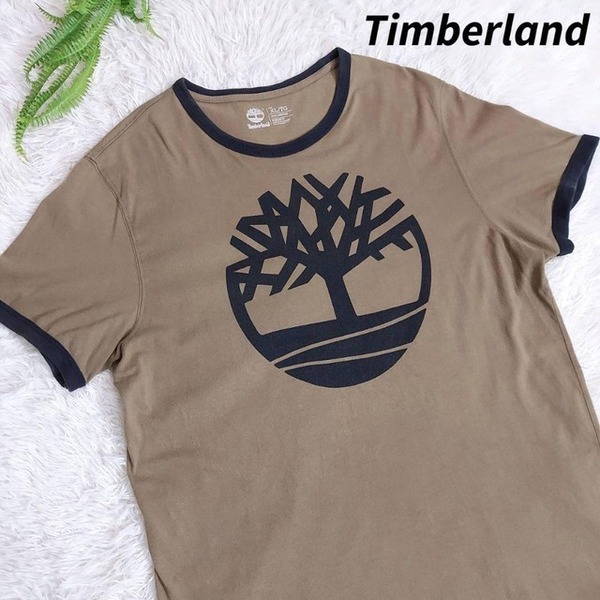 Timberland デカロゴ・リンガーTシャツ・インド製 XL カーキブラウン&黒 67862