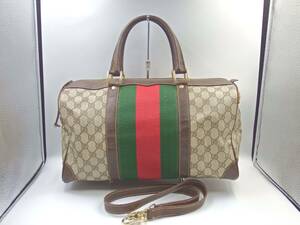 ◇GUCCI/グッチ/オールドグッチ/シェリーライン/ミニボストン/GGスプリーム/PVC×レザー/ブラウン系/USED品/ショルスト付き