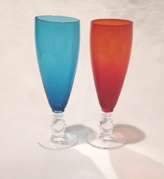 SASAKI GLASS 佐々木ガラス 台付き カラーグラス ブルー&レッド ペア グラス 