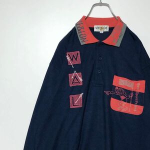 【WIKE&LON】長袖ポロシャツ ジャガード織 ハーフボタン 襟切替 刺繍 ネイビー バイカラー Lサイズ