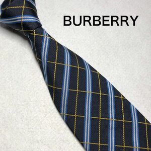 【BURBERRY】バーバリーロンドン ネクタイ チェック柄 ネイビー 光沢 イタリア製 英国生地