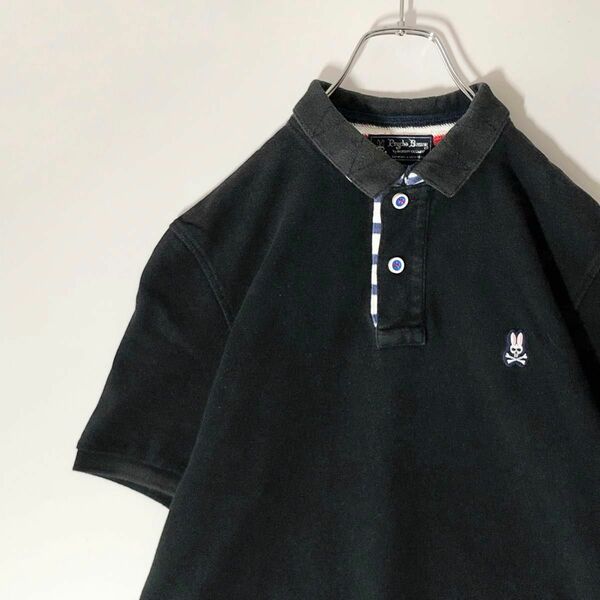 【人気】Psycho Bunny サイコバニー ポロシャツ ハーフボタン 襟切替 刺繍 ロゴ ブラック Lサイズ