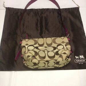 beautiful goods COACH Coach signature shoulder bag canvas leather Brown pink storage bag bag 