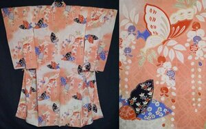 [KIRUKIRU] античный кимоно длина 153.5cm натуральный шелк .. Taisho роман белый розовый .. глициния. цветок . бабочка земля . симпатичный retro модный японский костюм одевание 