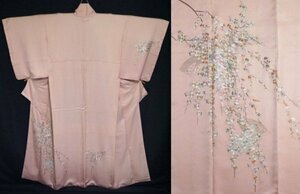 [KIRUKIRU] beautiful goods tsukesage kimono length 163cm silk baby pink total embroidery. flowers of four seasons fan paper ground ... shape Japanese clothes dressing . clothes inspection :.. embroidery 