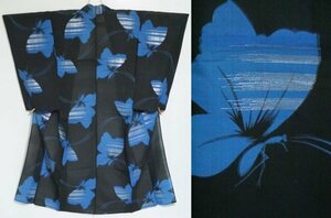 [KIRUKIRU] античный лето шелковый креп . кимоно Taisho роман чёрный земля × синий большой бабочка рисунок симпатичный retro старый ткань старый . переделка материал ткань рукоделие ручная работа 