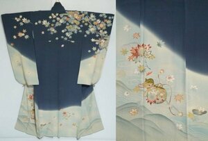 [KIRUKIRU] beautiful goods [ three pine ] long-sleeved kimono kimono length 161cm silk blue gray × light blue . leaf .. retro classic pattern ... Japanese clothes dressing . clothes coming-of-age ceremony 