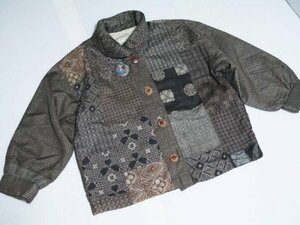 [KIRUKIRU] antique Ooshima pongee remake * blouson jacket silk retro light brown group patchwork 