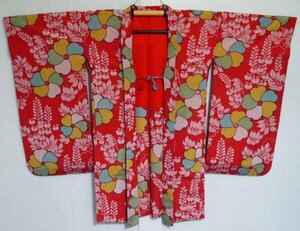 [KIRUKIRU] beautiful goods antique .. feather woven silk Taisho romance red ground colorful floral print retro pretty kimono Japanese clothes dressing feather woven cord attaching 