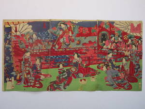 Art hand Auction [Auténtico] Tríptico Shuen Bugaku no Zu (Imagen de Danza y Danza), Cuadro, Ukiyo-e, Huellas dactilares, Retrato de una mujer hermosa