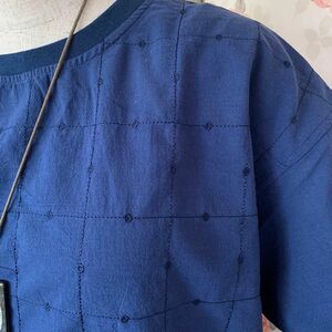【new】新品 刺繍 綿麻 ドッキング シャツ ブラウス カットソー ネイビー ドット スクエア フェンス 半袖 Tシャツ 可愛い
