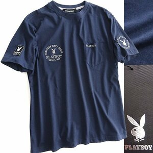 新品 プレイボーイ ラビットヘッド クルーネック ポケット Tシャツ L 紺 【12003_79】 春夏 メンズ 半袖 バニー ポケT カットソー