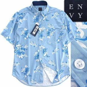 新品 山喜 エンビオム 速乾 ストレッチ 花柄 半袖 BD シャツ M 水色 青 【ANP400_511】 ENVY HOMME 春夏 盛夏 メンズ サマー カジュアル