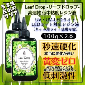 屋外イベントでも黄変ゼロ LED速乾レジン液100g 2本 リーフドロップ