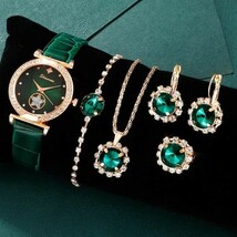 腕時計 アクセサリー セット レディース ファッション ピアス ネックレス 指輪 リング 合成革 緑 グリーン_画像1