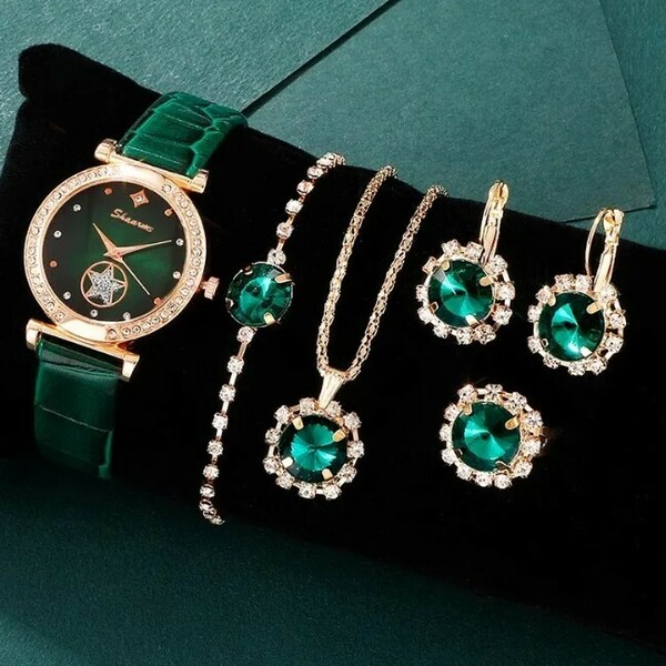 腕時計 アクセサリー セット レディース ファッション ピアス ネックレス 指輪 リング 合成革 緑 グリーン