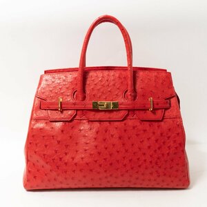[1 иен старт ] Ostrich ручная сумочка ручная сумка женщина сумка черный a красный красный Gold металлические принадлежности женский кожа натуральная кожа застежка-молния открытие и закрытие сумка 
