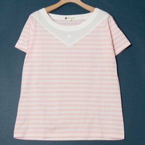 メール便○ courreges クレージュ ボーダー柄半袖カットソー Tシャツ トップス 綿100％ ワンポイント レトロ かわいい 春夏 ピンク 9R