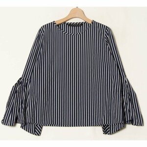 メール便◯ ZARA WOMAN ザラ 袖デザインストライププルオーバーシャツ 長袖 トップス 綿100％ カジュアル フェミニン 紺 ネイビー XS