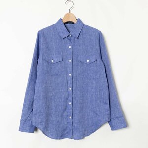 Aquascutum アクアスキュータム シャツ 長袖 トップス カットソー 10 麻100% リネン ブルー 青 綺麗め ナチュラル カジュアル