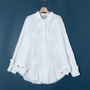 エクミ 花柄 刺繍 シャツ 長袖 トップス カットソー 薄手 透け感 Lサイズ ホワイト 白 綺麗め エレガンス 婦人服