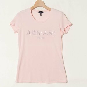 メール便◯ ARMANI JEANS アルマーニジーンズ ラインストーンロゴ半袖Tシャツ カットソー 綿96％ きれいめカジュアル ピンク EU38