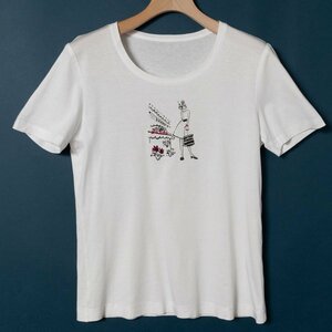 メール便◯ Leilian レリアン 女の子 プリント半袖Tシャツ 刺繍 ラメ ラインストーン ホワイト 白 9 Mサイズ レディース 日本製 シンプル