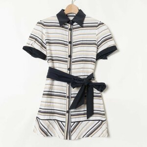 Courreges Courreges multi border pattern waist ribbon short sleeves shirt One-piece 38 cotton cotton white navy beautiful . casual 