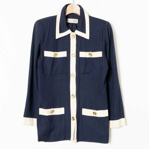 MOGA shirt jacket Moga navy navy blue outer garment feather weave retro beautiful . Mrs. lady's shoulder pad entering rayon silk lining equipped made in Japan 