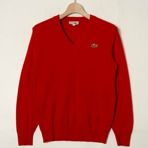 CHEMISE LACOSTE ラコステ フランス製 Vネック 長袖 ニット セーター レッド 赤 42 メンズ 紳士 男性 カジュアル 古着 シンプル 無地