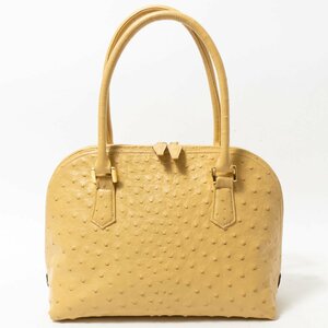[1 иен старт ].. кожа ..HAMANO Ostrich ручная сумочка рука .. женщина сумка оттенок желтого Gold металлические принадлежности застежка-молния открытие и закрытие натуральная кожа сумка 