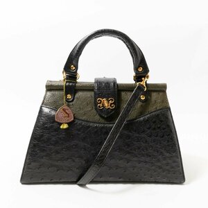 [1 иен старт ]JRA одобрено Ostrich 2WAY сумка на плечо ручная сумочка хаки черный чёрный Gold настоящий кожа страус кожа сумка 