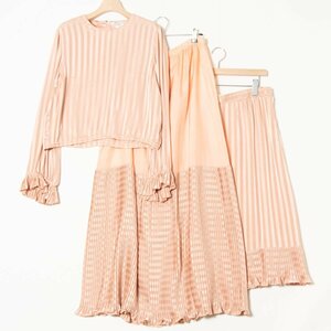 [1 иен старт ]Leilian Leilian полоса рисунок выставить длинный рукав блуза 2WAY юбка полиэстер orange × золотой 15+ большой размер 
