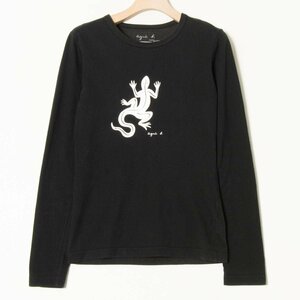 メール便◯ agnes.b アニエスべー クルーネック長袖Tシャツ カットソー トップス 綿100％ 前プリント カジュアル ベーシック 黒 ブラック 1