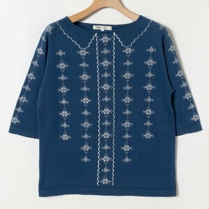  mail service 0 49AV.junko shimada four tina in avenue Junko Shimada lady's woman embroidery cotton knitted 5 minute sleeve L 40 blue spring autumn 