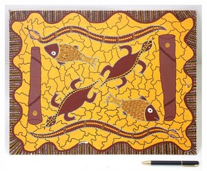 Art hand Auction Narelle Borey MINJERRABAH DREAM TIME / Arte aborigen australiano sobre hoja de lienzo / Firmado N.BOREY / ENCHANTE, Cuadro, Pintura al óleo, otros