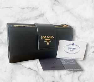 PRADA プラダ　二つ折り長財布　サフィアーノレザー　金ロゴ　デカロゴ　黒　ブラック