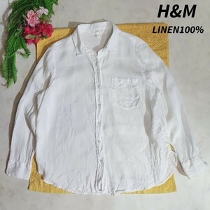 H&M 麻リネン100% 長靴ブラウス 白 ゆったりデザインのM シャツ レディース 68446