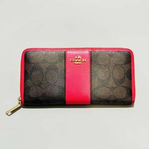 甲HK10029　クリーニング済　人気商品　コーチ　COACH　シグネチャー　長財布　ダークブラウン×ビビッドピンク　ウォレット　レザー　服飾