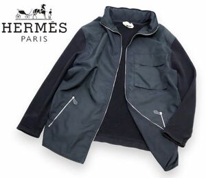 正規品 HERMES ナイロン×ウール切替 ジップアップブルゾン エルメス ウォームアップジャケット NYLON JACKET ネイビー ブラック M JK-13