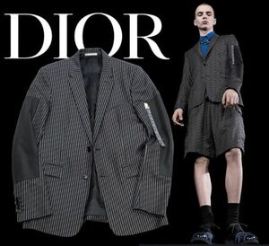 正規品 Dior HOMME NEWWAVE エルボーパッチ ロゴストライプ 総柄テーラードジャケット 733C229Z4070 ディオールオム ニューウェーブ 46 H-7