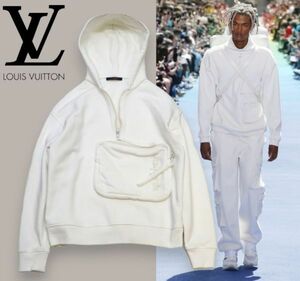 国内正規品 19AW Louis Vuitton 3Dポケットロゴ ハーフジップ スウェットパーカー ルイヴィトン H/ZIP SWEAT PARKER FOODIE ホワイトS JK-5