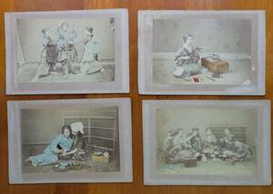 手彩色　古写真　4種　明治　風俗　鶏卵紙　和装　着物　女性