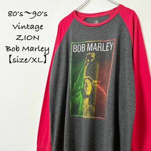 80s〜90s★ZION★BobMarley/ボブマーリー★ラグランTシャツ★レッド/赤×グレー★レゲエ★ラスタ★ジャマイカ★XL