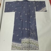 5883●同梱NG 紬 正絹 袷 付け下げ訪問着 三松シルクケア 花刺繍 枝垂れ桜柳 暈し群青×緑 身丈157裄68袖巾34袖丈49cm 踊り着物 和装 中古_画像9