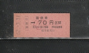 国鉄大阪印刷 中飯降→小児専用70円区間 赤地紋 硬券乗車券 未使用券 無人化駅