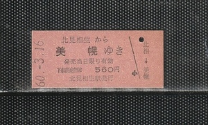 国鉄札幌印刷 北見相生から美幌 赤地紋 硬券乗車券 未使用券 